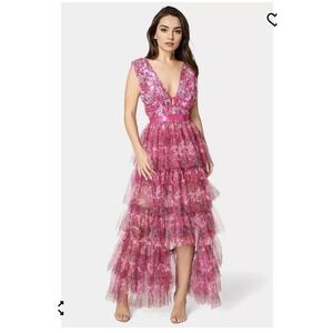 NWT Bebe Tiered High Low Mesh Maxi Dress Pink Floral Paisley Gown Size Small